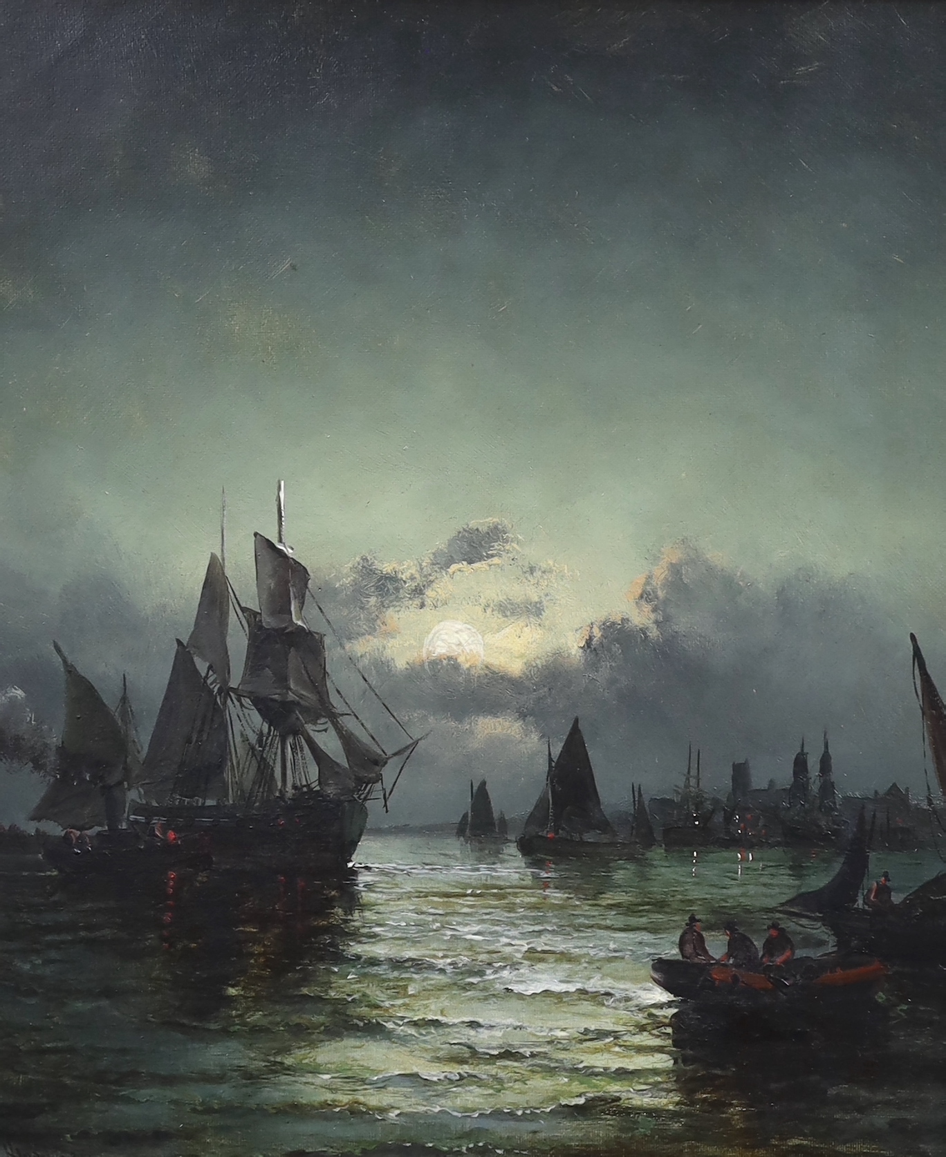 Hubert Thornley (fl.1859-1898), Moonlit Dutch harbour scene, oil on canvas, 34 x 29cm